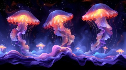 a group of jellyfish floating on top of a blue ocean next to a group of pink and orange jellyfish.