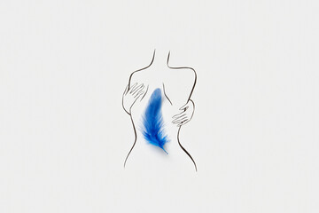 Sketch with black lines of female silhouette with blue feather on back
