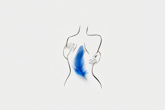 Sketch with black lines of female silhouette with blue feather on back