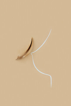 Brown feather gently touching nipple of line painted female breast