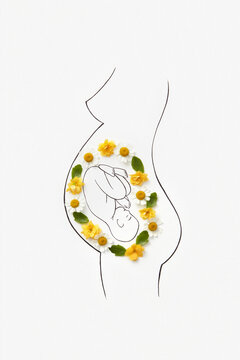 Lines drawing of pregnant female with baby surrounded with flowers