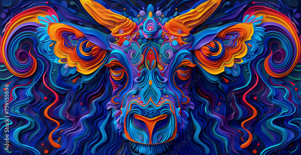 Aufkleber a colorful painting of a sheep's head with an intricate pattern on the side of it's face.