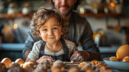 A child cautiously cracking an egg, with attentive parental supervision, in the warmth of their home kitchen