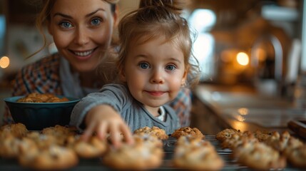 A child carefully watching the oven window, waiting for cookies to bake, with mom explaining the process.  - obrazy, fototapety, plakaty