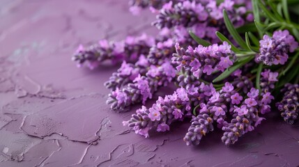 a bunch of purple flowers sitting on top of a purple surface with a green plant in the middle of the picture.