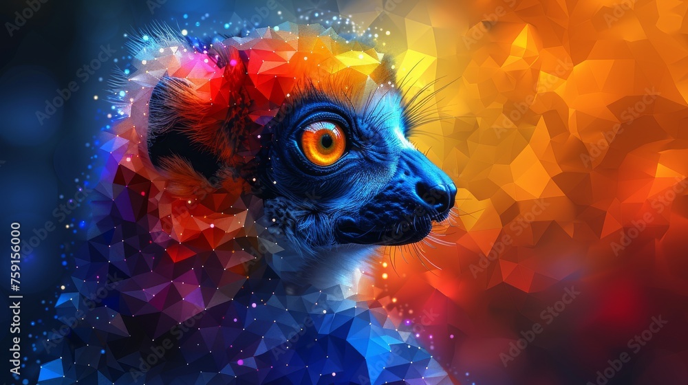 Poster a close up of a cat's face with a multicolored pattern on the back of the cat's head.