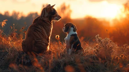 Tuinposter A cat and a beagle dog sitting atop a hill, their silhouettes against the glow of the setting sun  © Алексей Василюк