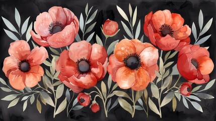 a painting of a bunch of red flowers with green leaves on a black background with watercolor style leaves and stems.