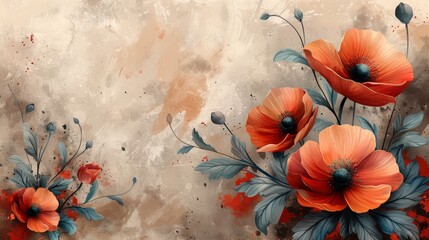 a painting of orange and blue flowers on a beige and white background with blue leaves and flowers on the left side of the painting.