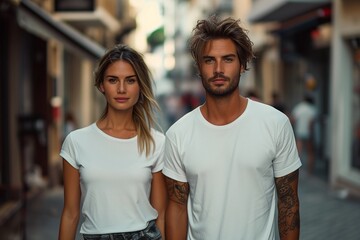Man and woman wearing blank white t-shirt