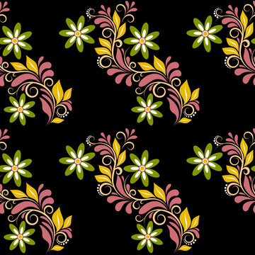 Floral seamless pattern with a composition of flowers, leaves, curls, dots on a black background. Decorative design element.