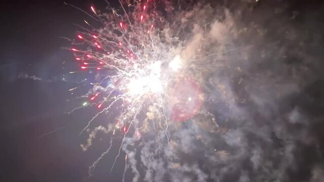 Real fireworks background in the night sky. Glowing fireworks show. FullHD footage with sound