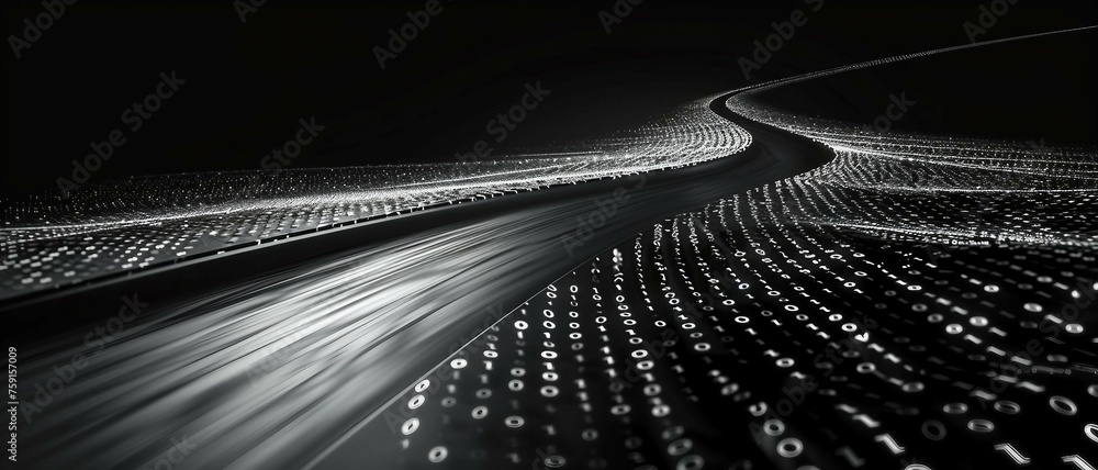 Aufkleber silver digital road illuminated by vibrant matrix of binary code. digital winding road isolated on b