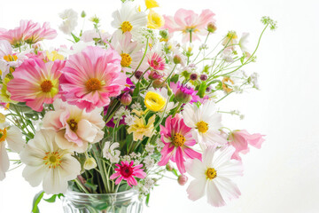 Fototapeta premium Bright spring flowers in a vase, white background.
