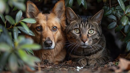 A dog and a cat sharing a secret hideout under a bush, peeking out at the world in unity - obrazy, fototapety, plakaty