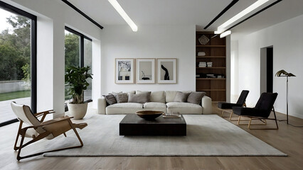 Modern Living Room with Sectional Sofa, Coffee Table, Chairs, and Art Painting