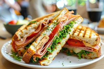 Toast sandwich with cheese, turkey ham, tomato and fresh lettuce on blurred cafe background