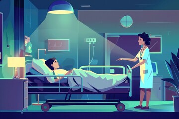 cartoon hospital animation ??" a woman helps a patient move into a hospital bed