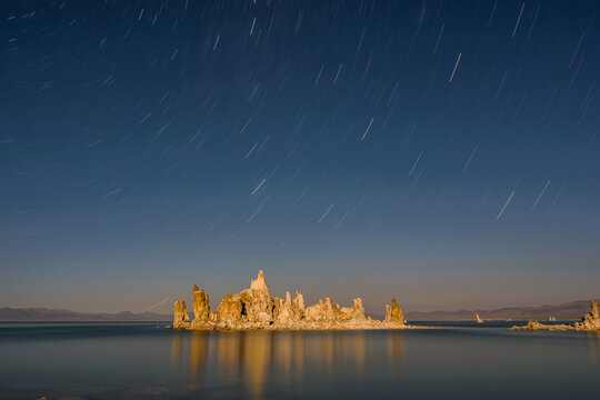 Star trails over a large tufa in Mono lake