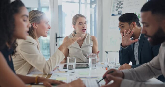 Business people, meeting and leader with stress, argument and negative feedback with mistake and problem with report. Group, frustrated and staff with review and crisis with anxiety, talk and burnout