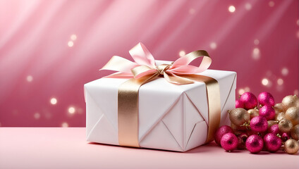 Un joli petit paquet cadeau d'anniversaire emballé avec un élégant ruban doré sur un fond rose festif avec des boules décoratives - obrazy, fototapety, plakaty
