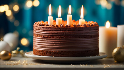 Un délicieux gâteau d'anniversaire au chocolat avec des bougies dans un décor festif avec des paillettes, sur un fond bleu scintillant - obrazy, fototapety, plakaty