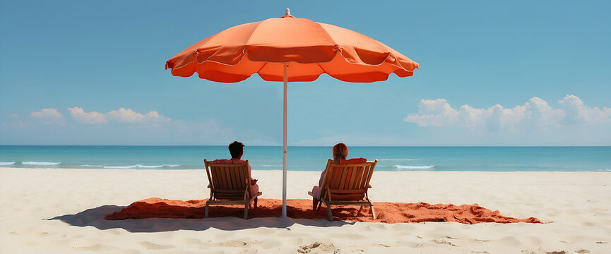 Un homme et une femme se d&eacute;tendent sur une plage de sable dans un transat et sous un parasol, face &agrave; la mer et un grand ciel bleu pendant les vacances d'&eacute;t&eacute;