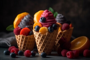 Wafer rolls with fresh berries and fruits, the concept of natural fruit ice cream.
