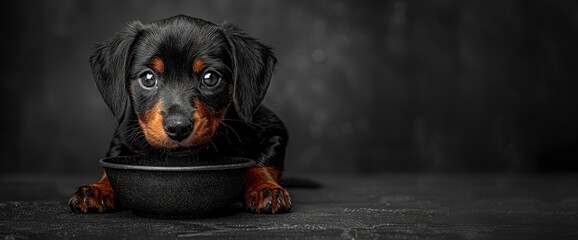 Puppies Dachshund Eating Milk Bowl, Background, Background Banner - obrazy, fototapety, plakaty