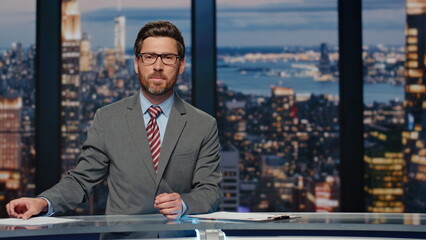 Anchorman reporting tv live news evening program. Presenter talking television
