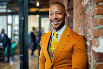 Confident businessman in a striking orange suit beams with positivity, ideal for themes of success, confidence, and professional vibrancy in modern workplaces. - obrazy, fototapety, plakaty