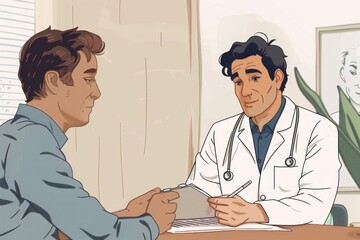 Fototapeta premium man looks at his notebook with a doctor sitting in front of him