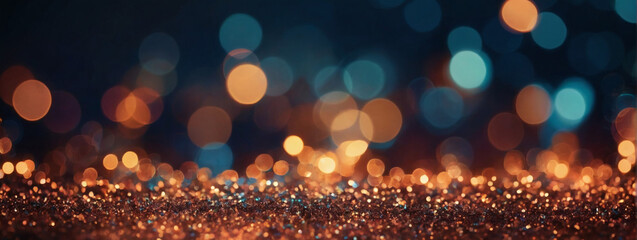 Abstract Background with Glittering Lights in Coral, Bronze, and Night Sky. Defocused Banner. - obrazy, fototapety, plakaty