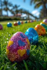colorful easter eggs lined up on the grass