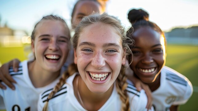Group of young female football / soccer players celebrating victory, close up  - Powered by Adobe