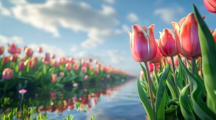photorealistic field of tulips, a tiny bit foggy, reflections in a lalke, blue sky, morning  
