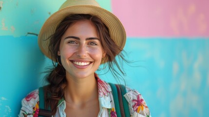 portrait of 35-years-old woman tourist smiling and wearing summer fashion shirt on pastel background 