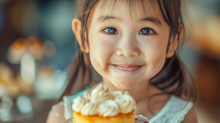 Happy Asian girl holding a delicious cake in her hands. Children's happiness, holiday, birthday.