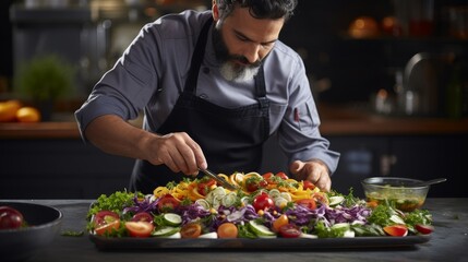 A man in an apron carefully prepares a colorful salad with fresh ingredients