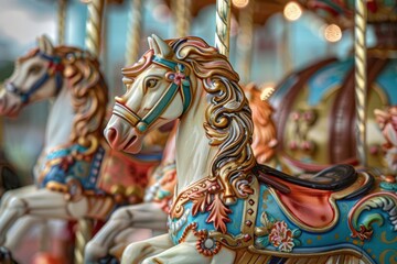 A group of carousel horses with a gold and blue design. A festive oktoberfest carousel with ornate horses