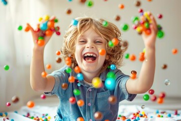Happy child reaches for many colorful candies. Children's happiness, holiday, birthday.