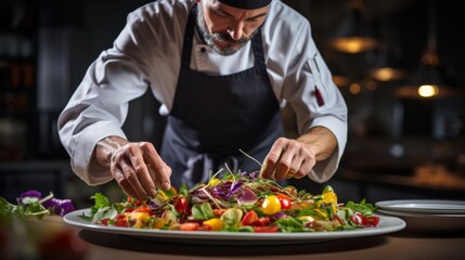 A chef meticulously arranges fresh ingredients on a plate to create a vibrant salad