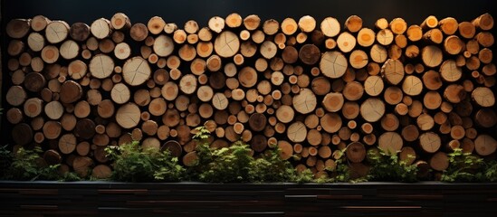 Wooden logs create an attractive wall decoration. - obrazy, fototapety, plakaty