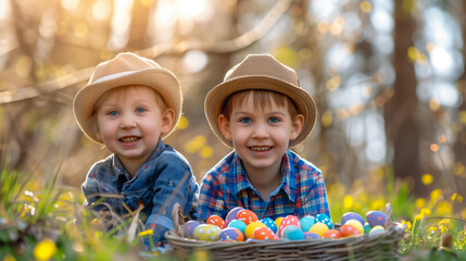 Two joyful boys with a basket of Easter eggs in a springtime meadow