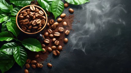 Poster Fresh tasty espresso cup of hot coffee with coffee beans on dark © Pixel Town
