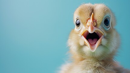 Realistic Baby chicken cute surprised face on blue background AI generated image - obrazy, fototapety, plakaty