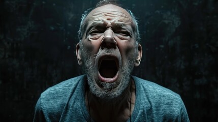 Portrait expression a grown man screaming in dark background. AI generated image - obrazy, fototapety, plakaty