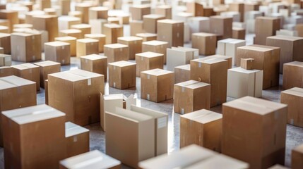 Cardboard boxes arranged in a distribution warehouse factory. AI generated image