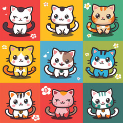 Fototapeta premium A set of cute cartoon cats, each designed with a kawaii flair, featuring different breeds and vibrant colors сreated with Generative Ai