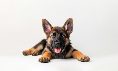 Cute German Shepherd Puppy Lying Down on a White Background, Looking at the Camera, Studio Photo